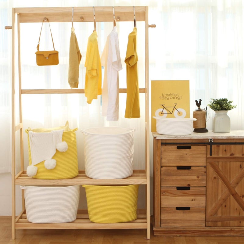 Sea Team Medium Size Cotton Rope Woven Storage Basket with Handles, Laundry Hamper, Trunk Organizer, Clothes Toys Bin for Kid's Room, 14 x 14 inches, Round Open Design, Yellow - Image 2